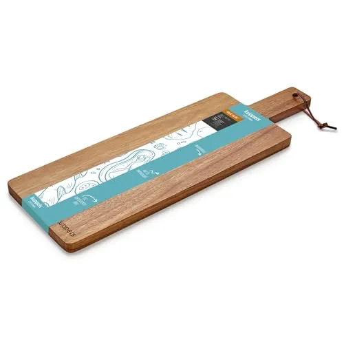Kuppels NICE Schneidebrett Akazienholz Slim 48x15 cm Holzbrett Küche mit Griff, Servierbrett Holz für Käse, Obst & Snacks, Robuste, pflegeleichte & messerschonende Käseplatte holz