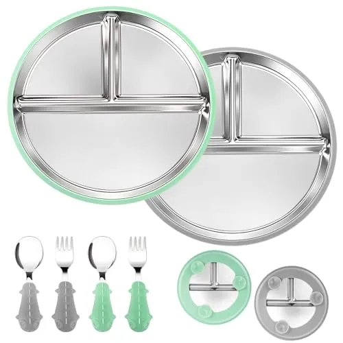 Lociban 2 Stück Edelstahl Babyteller mit Saugnapf, 24.5cm Geteilte Teller mit Abnehmbaren Rutschfest Silikonhüllen für Baby, Unzerbrechliches Kinderteller mit 4 Löffel 4 Gabeln, BPA-frei