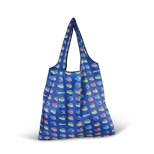 BRISA VW Collection - Volkswagen Wiederverwendbare Polyester-Einkaufs-Beutel-Shopper-Bag-Tasche mit T1 Bus Motiv (Bulli Parade/Blau)