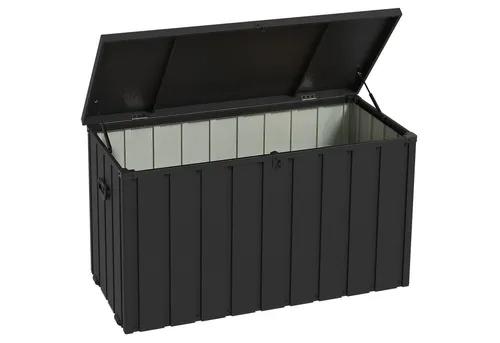 furnicato Garten-Geräteschrank Metall 450L Dunkelgrau - Robuste Gartenbox aus Stahl mit 450 Litern Fassungsvermögen. Ideal für die Aufbewahrung von Gartengeräten und Sitzauflagen. Praktische Rollen und luftpumpengestützter Deckel erleichtern den Zugriff und die Mobilität.