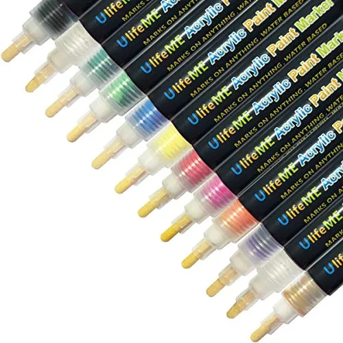 Ulifeme Acrylstifte Marker Stifte, 12 Farben Wasserfeste Marker Bunt Set Permanent Art Filzstift für Holz, Steine, Leinwand, Metall, Kunststoff, Keramik, Glasmalerei, Stoffmalerei, Rock-Malerei & DIY