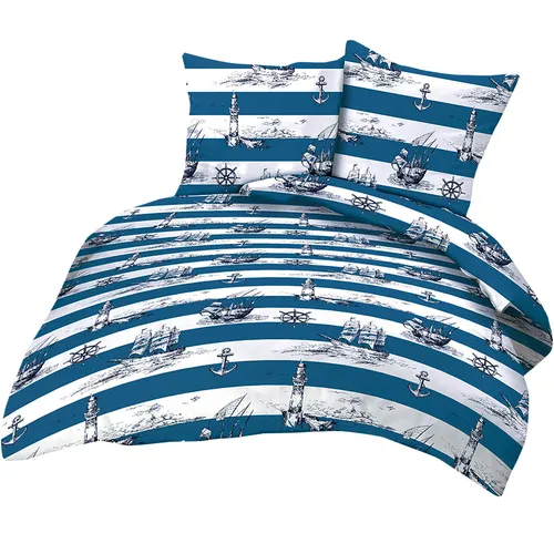 Seersucker Bettwäsche 135x200cm Maritime - Bettwäschegarnitur aus 100% Baumwolle, atmungsaktiv und allergikergeeignet, mit maritimem Design von Segelbooten und Leuchttürmen, ideal für alle Jahreszeiten.