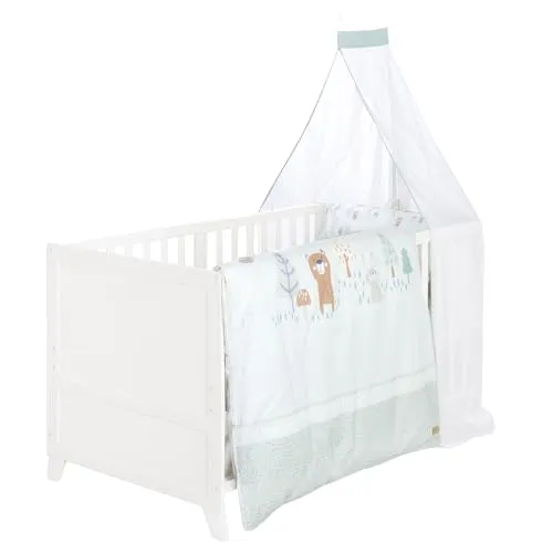 roba® Komplettbett Savanna Friends 70x140 cm – Mitwachsendes Babybett in Weiß mit Bettwäsche und Himmel - Das roba Komplettbett im Design 'Savanna Friends' ist die ideale Lösung für ein gemütliches Babyzimmer. Mit einer Liegefläche von 70x140 cm und höhenverstellbarem Lattenrost bietet es Komfort und Sicherheit. Im Set enthalten sind eine Matratze, Bettwäsche und ein Himmel.