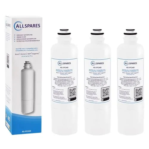 AllSpares Wasserfilter Ultra Clarity Pro für Bosch Siemens Neff (3 Stück) - Wasserfilter für Kühlschränke, perfekte Passform für Bosch/Siemens/Neff – reduziert Chlor, Kalk und Gerüche für frisches Trinkwasser. NSF/ANSI 42 zertifiziert & BPA-frei – einfacher Filterwechsel für bis zu 6 Monate sauberes Wasser.
