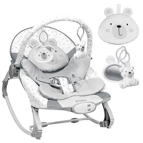 TULANO Cloe 35 | Babywippe 2 Modi | Schaukel & Liege | 8 Melodien | 3 Vibrationsstufen | Verstellbar | Spielbogen | EN 12790:2023 | Grau Tragen