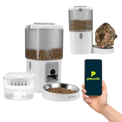 Peluvio Feast Automatischer Futterautomat mit Kamera und App - Mit 3MP Live-Video und Nachtsicht kannst du deine Katze jederzeit beobachten. Der Futterautomat mit Edelstahl-Napf und Wasserspender sorgt für frisches Futter und sauberes Trinkwasser. Ideal für die tägliche Fütterung.