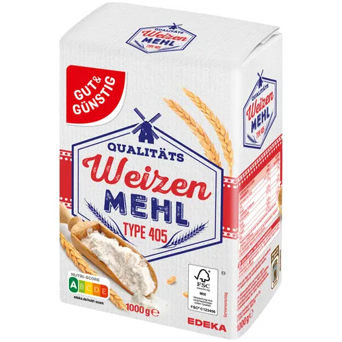 Gut&Günstig Qualitäts Weizenmehl Type 405 1kg - Hochwertiges Weizenmehl Type 405, ideal zum Backen und Kochen, sorgt für perfekte Teigkonsistenz und ist ein Must-Have in jeder Küche.