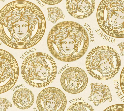 Versace Home Designer Tapete Cremeweiß Gold Medusa-Kopf - Hochwertige Vliestapete in modernem Design mit scheuerbeständiger Oberfläche, ideal für stilvolle Wohnräume und alle Zimmer.