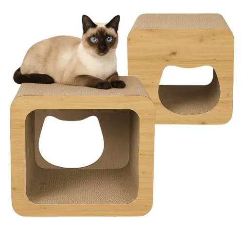 QLS Katzenmöbel aus Wellpappe – 38×39×39 cm – Kratzbrett, Katzenhöhle, Liegeplatz mit Katzenspielzeug & Katzenminze