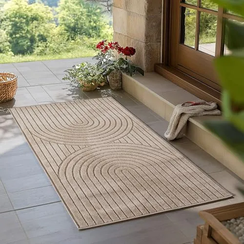 Carpetsale24 Outdoor Teppich 80x150 cm - Vielseitiger Kurzflor-Teppich in Beige mit Hoch-Tief-Effekt, ideal für Wohnzimmer, Schlafzimmer und Outdoor-Bereich. Pflegeleicht, waschbar und strapazierfähig, perfekt für Haushalte mit Kindern und Haustieren.