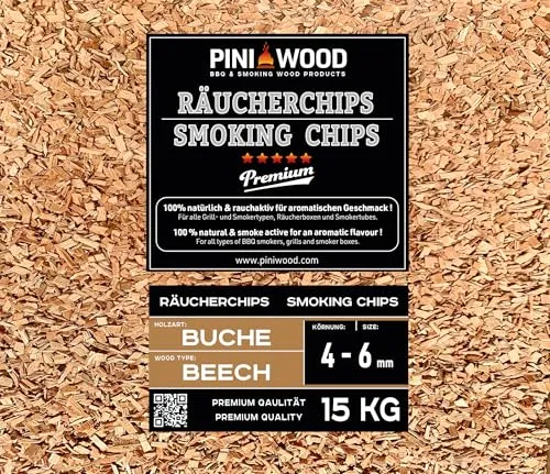 PINI Räucherchips Buche 15 Kg - 4-6 mm für intensiven Rauchgeschmack - Räucherchips aus 100% Buchenholz, ideal für Fleisch und Fisch. Intensives Aroma und starke Rauchentwicklung für ein vollmundiges Geschmackserlebnis. Kompatibel mit allen Grillarten.