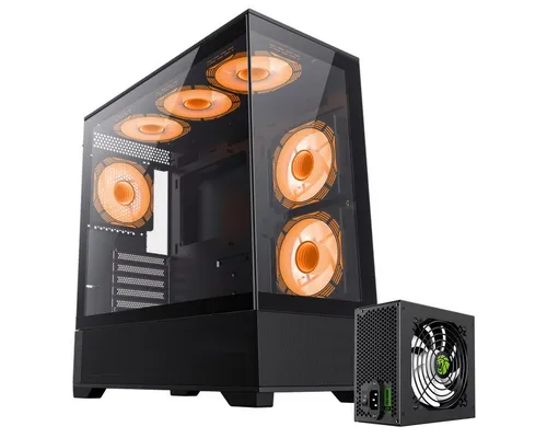 GAMEMAX Gaming-Gehäuse VISTA AB Midi-Tower schwarz mit GP-400A Netzteil - Vielseitiges Gaming-Gehäuse für E-ATX bis Mini-ITX-Mainboards, ausgestattet mit 6 ARGB-Lüftern für optimale Kühlung. Inklusive 400W Netzteil, bietet Platz für große Grafikkarten und effizientes Kabelmanagement.