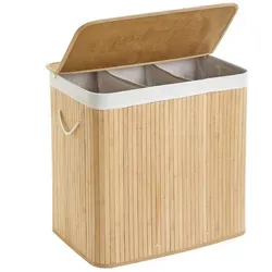 Mondeer Wäschekorb 150L – Faltbarer Wäschesammler aus Bambus mit 3 Fächern - Wäschesammler aus Bambus mit 3 Fächern, faltbar und mit Tragegriffen, ideal für eine ordentliche Wäscheorganisation und platzsparende Aufbewahrung.