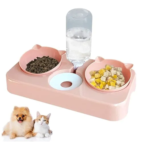 Futternapf Katze,3 in 1Futternapf Katzen,mit automatischem Wasserspender,Neigbar Katzennäpfe Abnehmbar,Doppelte Futternapf kleine und mittlere Katzen und Hunde (Rosa)