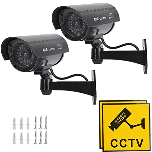 TIMESETL 2 Stück Kamera Atrappe Außen, Kamera Dummy Fake CCTV Kameraatrappe Aussenbereich, überwachungskamera Aussen Attrappe, Camera Dummy Outdoor Kameraattrappen Außen Mit Led Blinkend, Schwarz