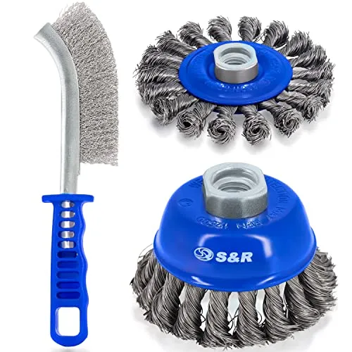 S&R Drahtbürsten Set 3-tlg – Topfbürste 75mm, Rundbürste 100mm mit gedrehten Stahlborsten für Winkelschleifer + Hand-Kratzbürste 255mm