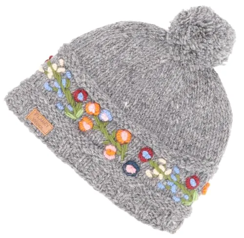 GURU SHOP Bestickte Bommelmütze, Strickmütze aus Schurwolle, Nepalmütze, Wintermütze - Grau, Herren/Damen, Synthetisch