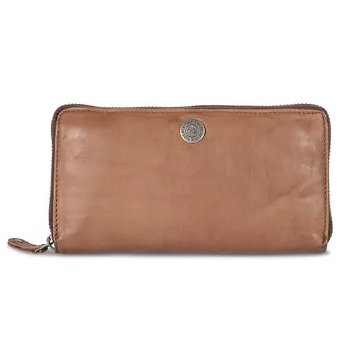 Cas8 Geldbörse MALU, Damen Portemonnaie aus gewaschenem Leder, mit praktischen Kleingeld- sowie Kartenfächern, Portmonee im Used-Look mit Reißverschluss, Cognac