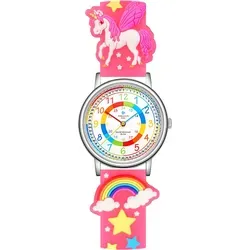 Alienwork Einhorn Lernuhr Kinderuhr Mädchen Uhrzeit lernen Silber Kautschuk-Armband Rosa Mehrfarbig Kinder-Uhr Wasserdicht 5 ATM Zeit Lernen
