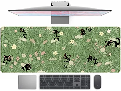 XL-Mauspad mit niedlichen grünen Blättern und pinken Blumen, Kawaii-Anime-Katzen-Design, große Schreibtischunterlage als Schreibtischschutz und Dekoration, Gaming-Mauspad für Mädchen und Damen, 80 ×