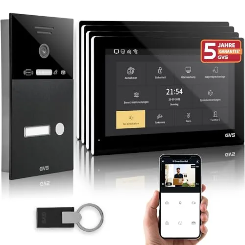 GVS IP Video Türsprechanlage mit Türöffner, RFID, 4X 10 Zoll Monitor & App