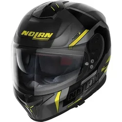 Nolan N80-8 Wanted N-Com Helm, schwarz-grau-gelb, Größe XL - Motorradhelm mit Notfallwangenpolster NERS und ultraweitem Visier, ideal für Sicherheit und Komfort beim Fahren.