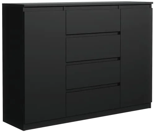 meble masztalerz Kommode Schwarz mit 4 Schubladen und 2 Türen 120 cm, Sideboard Wohnzimmer, Schlafzimmer H: 101,5 cm, B: 120,4 cm, T: 39 cm, Kommode mit Schubladen, Schubladenschrank