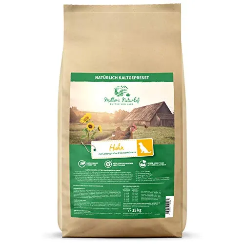Müllers Naturhof Huhn Trockenfutter 15 kg - Hundefutter mit Gartengemüse und Wiesenkräutern, kaltgepresst für optimale Verträglichkeit und leicht verdaulich – ideal für alle Hunderassen.