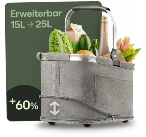 Praknu Einkaufskorb Einkaufskorb Faltbar – 2 in 1 Erweiterbar, Waschbarer Bezug, Tragekorb, 25 l, Stabil mit Alurahmen & Verstärktem Boden – Extra Fächer innen & außen