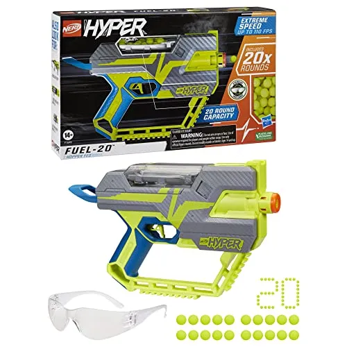 Nerf Hyper Fuel-20 Blaster, 20 Nerf Hyper Rounds, bis zu 110 fps Geschwindigkeit, Hopper Fed, 20 Runden Kapazität, einfaches Nachladen, Brille inklusive, Mehrfarbig