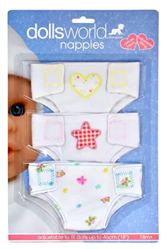 DOLLSWORLD Classic von Peterkin | Stoffwindeln | Packung mit 3 wiederverwendbaren und verstellbaren Stoffwindeln für Puppen bis 46 cm | Puppen & Zubehör | ab 3 Jahren