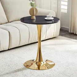Runder Tisch Aus Mdf Und Metall, Schwarz/gold, Ø60x72 Cm, In Marmoroptik