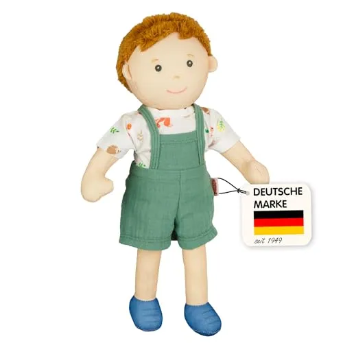 Heless 58 - Stoffpuppe Junge Paul mit grüner Latzhose und Shirt zum An- und Ausziehen, ca. 32 cm große Weichpuppe zum Kuscheln, Spielen und Liebhaben