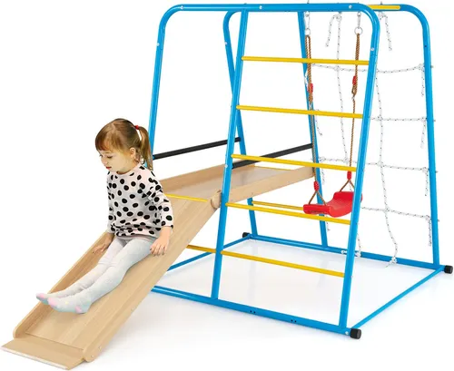 COSTWAY 6-in-1 Indoor Klettergerüst für Kinder - Vielseitiges Klettergerüst mit Rutsche, Schaukel und Kletterelementen. Robuste Metallkonstruktion für sicheren Spielspaß ab 3 Jahren!