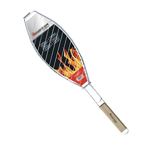 XXL Fischbräter 39x15cm Fischgriller Fischzange Grillkorb Grillwender Grillaufsatz mit Holzgriff Stahl verchromt