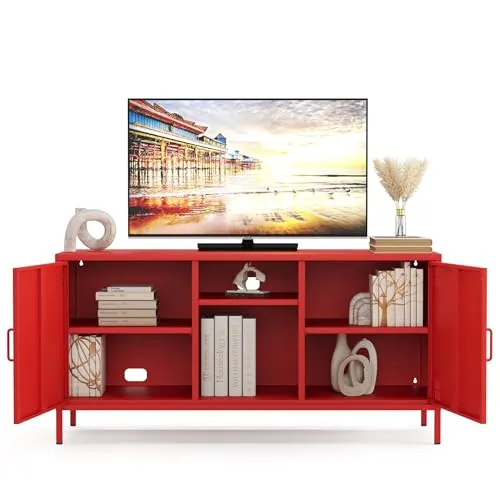 furni24 Metall TV-Schrank – Retro TV Lowboard – Möbel mit Türen und verstellbaren Ablagen – Leicht zu reinigen – Robuste und stilvolle Aufbewahrungslösung für das Wohnzimmer- mit 3 Regalen, Rot