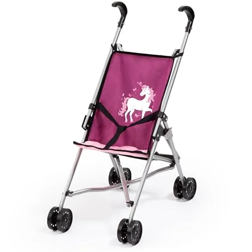 Bayer Design 30537AA Puppenbuggy, zusammenklappbar, Doppelräder, Sicherheitsgurt, aus Metall, Pink, Rosa, Einhorn