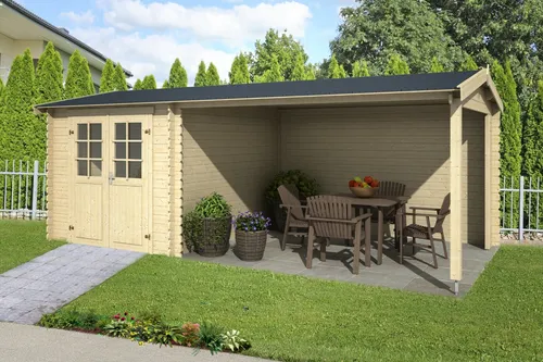 Gartenhaus Blockhaus Anbau Freisitz IVANA 28 mm - Modernes Gartenhaus aus naturbelassenem Holz, ideal für individuelle Gestaltungen. Mit abschließbarer Doppeltür und einfacher Montage für Ihren Garten.