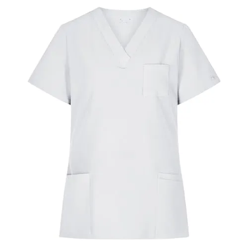 EXNER Schlupf-Kasack für Damen, Regular Fit, Stretch, Weiß, Größe XL - Atmungsaktiver Kasack mit V-Ausschnitt und praktischen Seitenschlitzen. Ideal für Pflege, Kosmetik und den professionellen Einsatz. Langlebig und komfortabel dank 96% recyceltem Polyester und 4% Spandex.