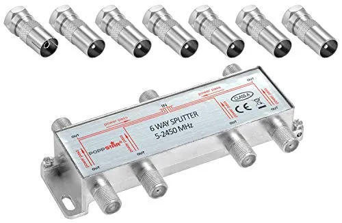 Poppstar Sat-Verteiler Antennenverteiler Splitter Umschalter 6-Fach inkl. IEC Stecker (analog/digital/BK/unicable/HD/4K tauglich) für TV,Antenne,Satellit,Kabel,Fernseher,Radio,LNB