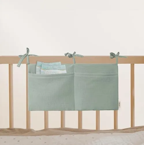 Babybett Aufbewahrungstasche aus 100% Baumwolle Musselin, für das Beistellbett, Babybett, Kinderbett. Ideal zum Verstauen von Windeln, Schnullern (Laurel Green)