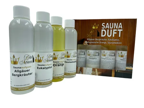 Saunaaufguss-Set (4x250ml) | Bergkräuter, Eukalyptus, Orange, Saunamedizin