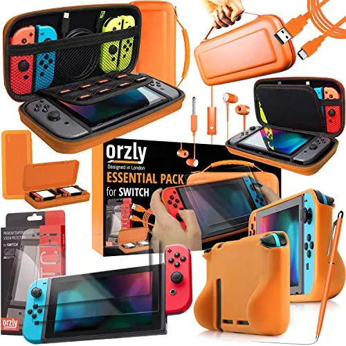 Switch Accesoires, Orzly Zubehör für Nintendo Switch ( Schutzfolien, USB Ladekabel, Konsole Tragetasche, Spiele Patronenhülse, Comfort Grip Case, Kopfhörer)-ORANGE