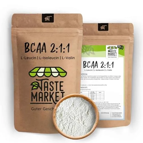BCAA Pulver 2:1:1 Pure 1 kg aus pflanzlicher Fermentation, Aminosäure, Leucin, Isoleucin, Valin, super Löslichkeit, reines Pulver ohne Zusätze – vegan – Taste Market