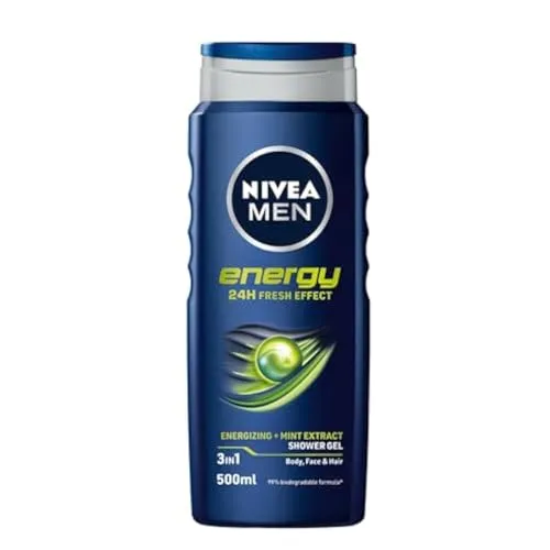 NIVEA MEN Duschgel Energy (1 x 500 ml) – Waschpflege angereichert mit belebendem Minzextrakt – Duschgel für Herren 3 in 1 – Reinigungspflege für Körper, Gesicht & Haar, belebender Frischeeffekt 24