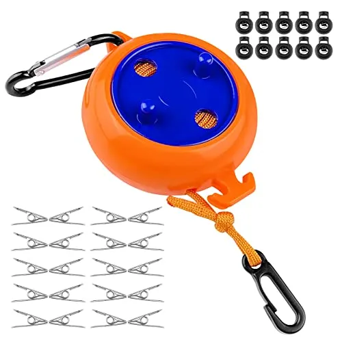 Gvolatee 10m Wäscheleine Ausziehbar mit 10 Feste Schnallen und 20 Winddichte Wäscheklammern, Tragbare Outdoor Wäscheleine für Bettlaken Steppdecke, Camping Gadgets Zubehör für Garten, Reise Wohnmobil