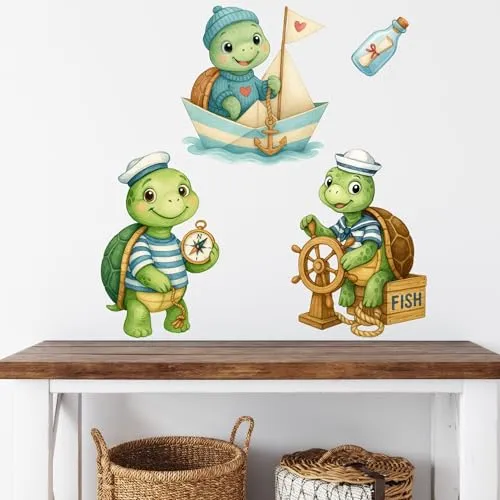 Maritimes Wandtattoo-Set Schildkröten mit Kompass, Steuerrad & Boot – Vinyl-Wandsticker Deko für Kinderzimmer, Wohnzimmer & Schlafzimmer (Set 1)