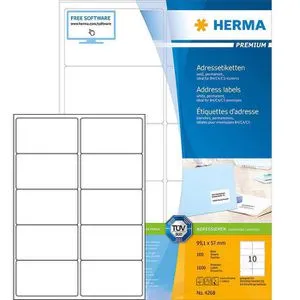 Herma Premium 4268 Etiketten weiß 99.1 x 57mm, 100 Stück - Universal-Etiketten, selbstklebend und bedruckbar, ideal für C6 Kuverts. Hergestellt aus chlorfreiem Papier, CO2-neutral und 100% recyclingfähig.