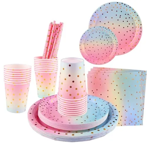 Shodiffy Partygeschirr Set, 25 Stück Pappteller Papierteller Geburtstag Einschließlich Holz Messer Gabel Löffel Teller Becher Servietten für 25 Gäste (Rosa)
