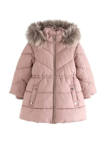 NEXT Mädchen Wasserabweisende Steppjacke Toffee Pink 110 - Stylische, wasserabweisende Steppjacke mit regulärer Passform und schützendem Reißverschluss. Das weiche Fellimitat verleiht einen trendigen Look.
